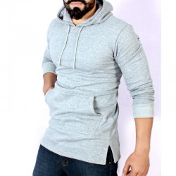 Grey Long Style Kangaroo Fleece Hoodie FS-2517